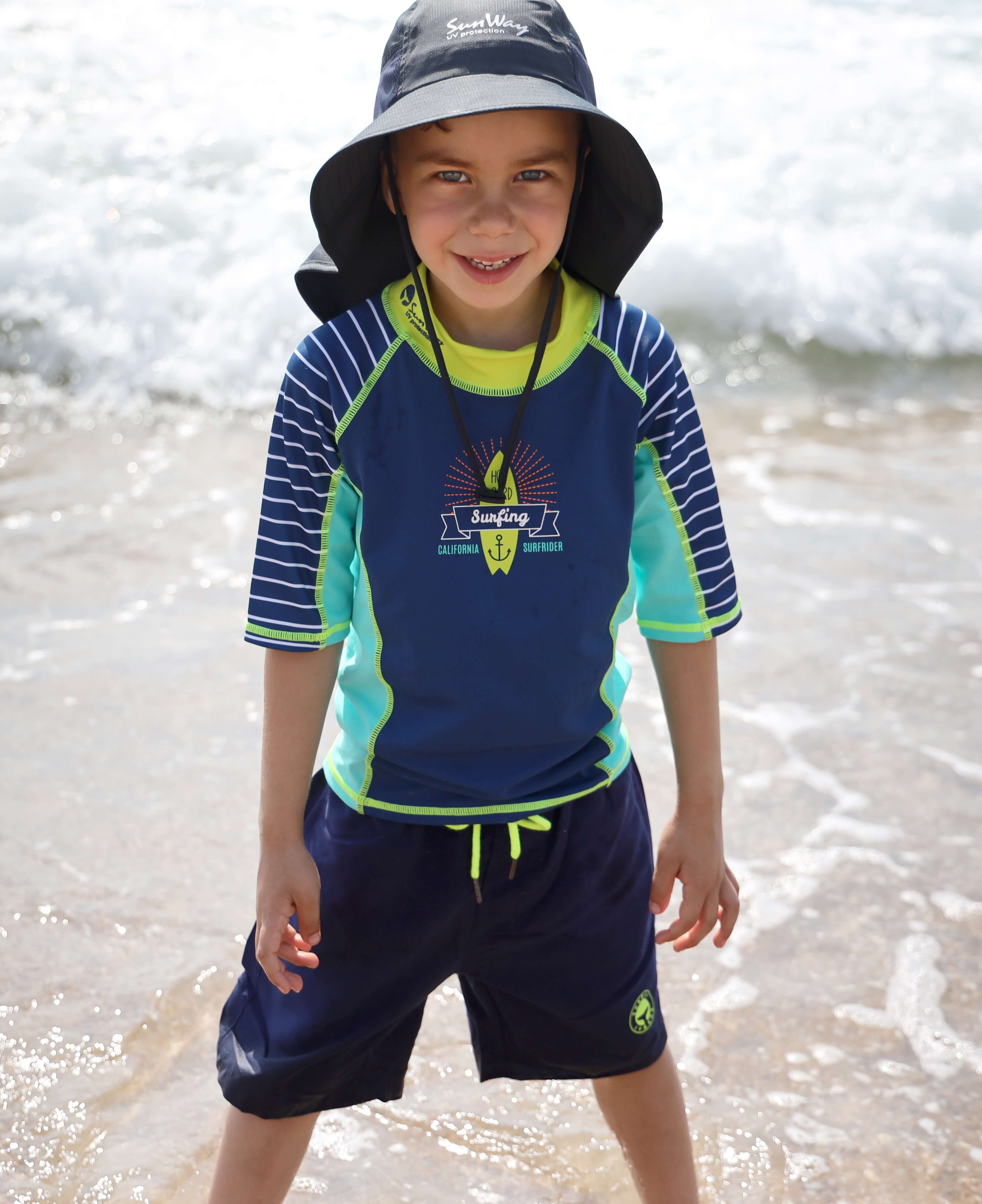 Baby Boy One Piece Long Sleeve Sunsuits Zipper Rash Guard Sun Protection with Swimming Hat 